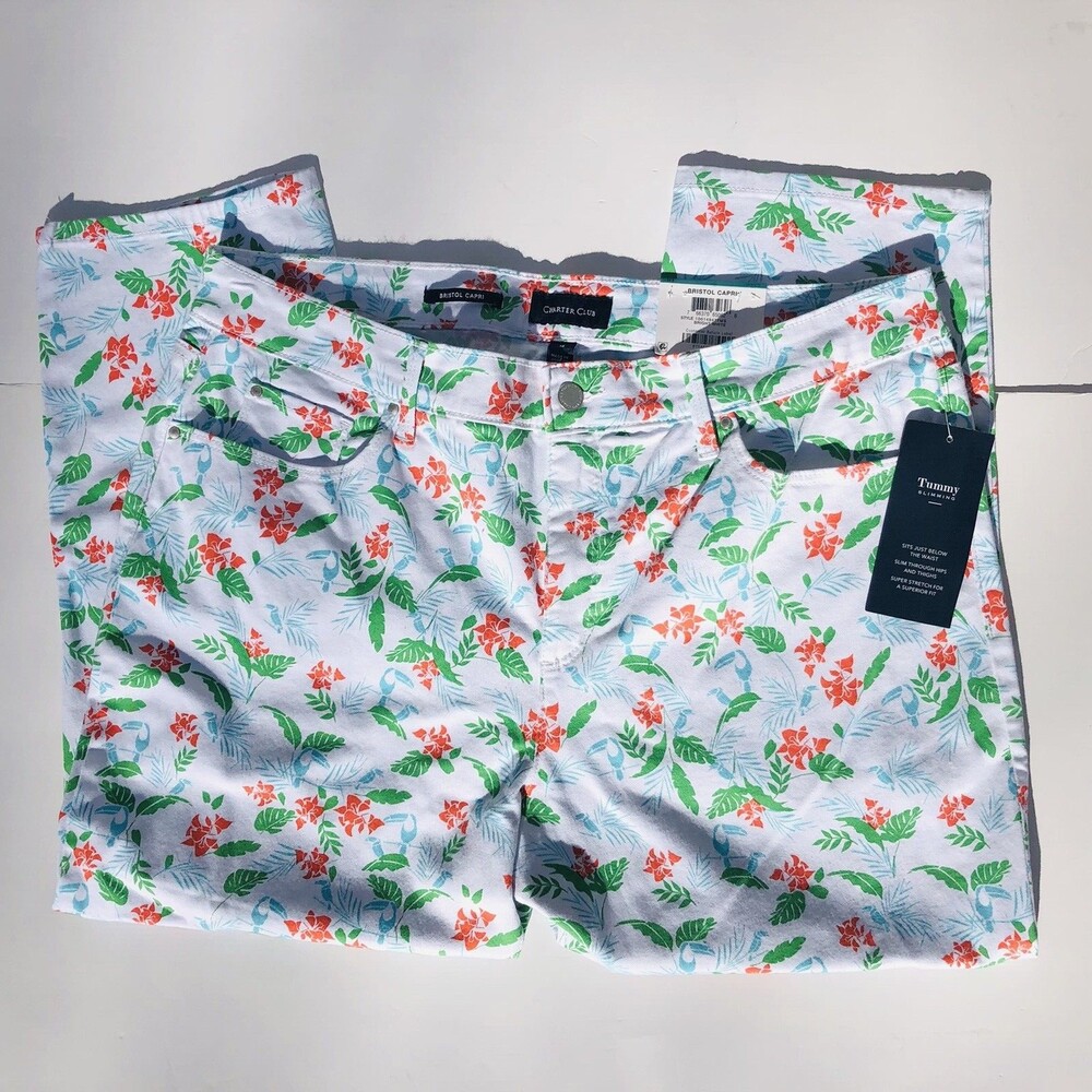 Charter Club Women's Bristol Capri Sz. 16 White/Flowered Tummy Slimming, Stretch